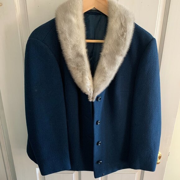 Vintage Navy-Peacock Blue Fur-Trimmed Wool Coat - Picture 1 of 9